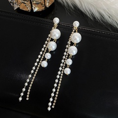 Pearl tassel long earrings fashion trendy rhinestones a pair of hanging earrings