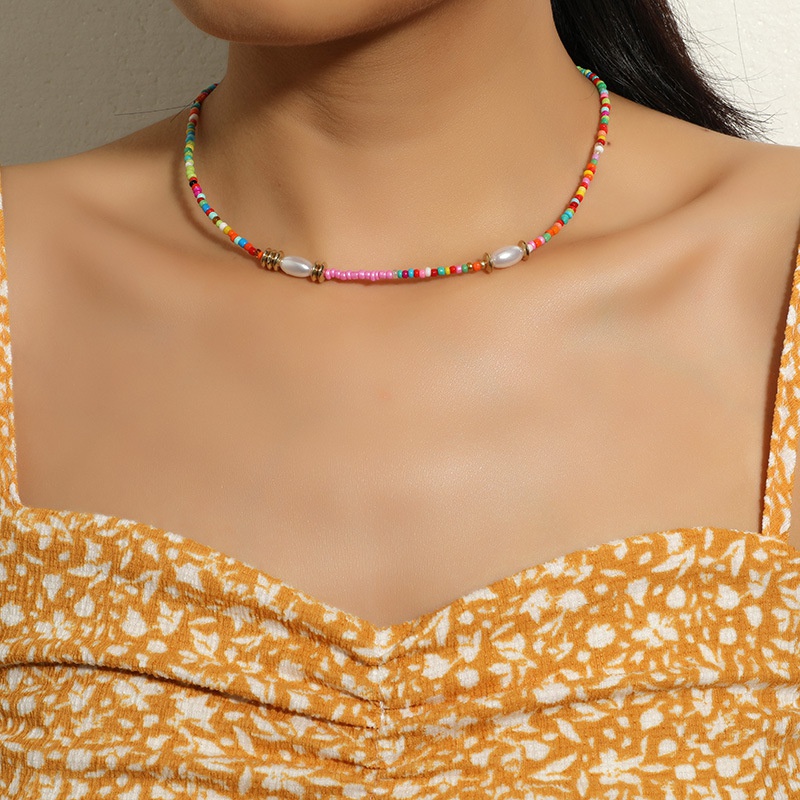 Color collar de cuentas de arroz tejido a mano moda estilo tnico bohemio cadena de clavcula