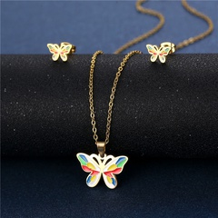 bunte Glasur tropfende Farbe Schmetterling Halskette Ohrringe Set Edelstahl dreiteiliges Set