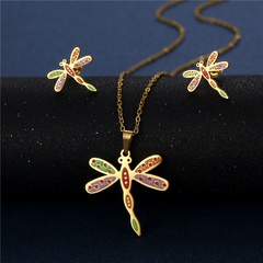 Enamel color dripping oil dragonfly necklace earrings set stainless steel three-piece set