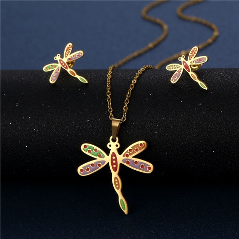 Enamel color dripping oil dragonfly necklace earrings set stainless steel three-piece set's discount tags