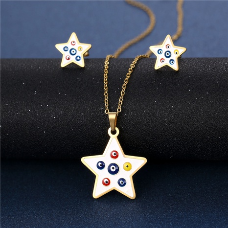 Stainless Steel Enamel Dripping Five-Pointed Star Necklace Earrings Set Cross-Border Fashion Star Eyes Couple Hip Hop Pendant's discount tags