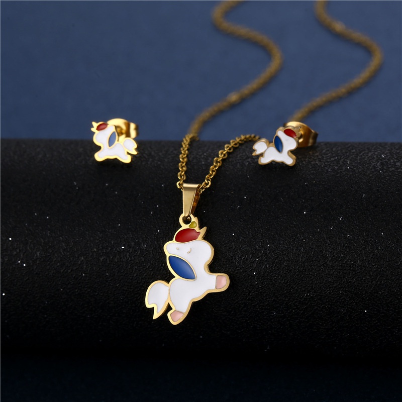 cute unicorn necklace earrings threepiece 18K goldplated color dripping stainless steel suit