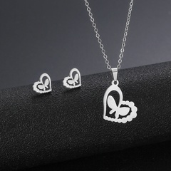 Stainless Steel Heart Butterfly Pendant Necklace and Earring Suit Female New Cold Wind Special-Interest Design Peach Heart Clavicle Chain