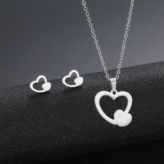 new products steel love necklace glossy stainless steel double peach heart ear studs clavicle chain set