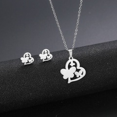stainless steel heart-shaped necklace earrings set glossy cut love butterfly clavicle chain