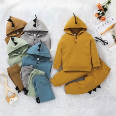 2021 New Autumn Long Sleeve Solid Color Hooded Personalized Dinosaur Children's Pants Suit Boys and Girls Clothing Two-Piece Suit