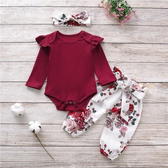 New female baby clothing suit spring and autumn print long-sleeved romper trousers baby 3-piece set