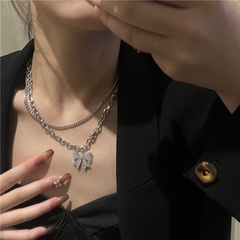 stainless steel sweater chain micro-inlaid bowknot pendant necklace