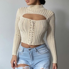 new 2021 autumn and winter navel open chest sweater tie long sleeve top