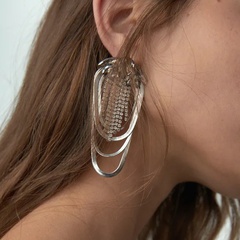 Retro personality multi-layer crystal tassel long metal earrings