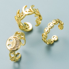 bague de visage souriante avec étoile et lune en zircone micro-incrustée en or 18 carats plaquée de cuivre
