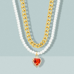 punk style alloy thick chain zircon love pendant clavicle chain simple imitation pearl double layered necklace