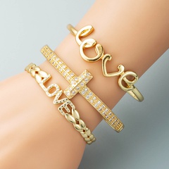 creative LOVE Brief offenes Armband kupferplattiert echtes Gold Zirkon geometrische T-förmige Schnalle Armband