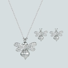 Korean new small bee earrings necklace 2 piece set 925 silver inlaid zircon pendant