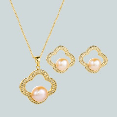 Korean fashion freshwater pearl earrings necklace set copper inlaid zircon clavicle chain