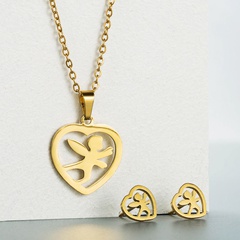 Titanium steel jewelry fashion hollow heart-shaped angel flower necklace earrings set