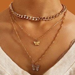new inlaid rhinestone butterfly pendant necklace simple alloy stacking three-layer clavicle chain