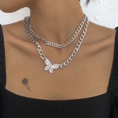 double-layer tide money decorated with diamond butterfly Cuban chain necklace