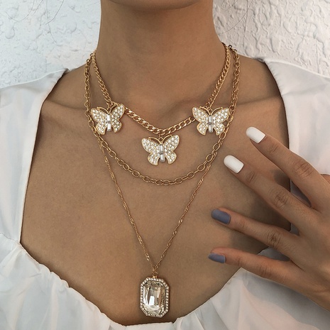 Exaggerated Glass Diamond Pendant Necklace Retro Butterfly Necklace Alloy Creative Multilayer Necklace NHMD440241's discount tags