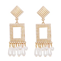 new European and American personality geometric square diamond earrings pearl tassel earrings