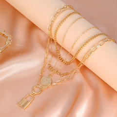 retro thick chain gold lock geometric necklace hip-hop punk style four-layer letter clavicle chain