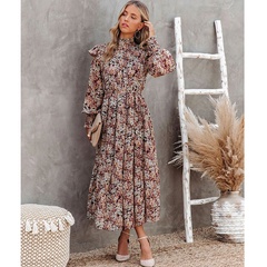 Spring pleated high-necked small floral print long dress with big swing and long sleeves