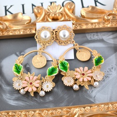 retro green flower baroque large circle metal pearl earrings exaggerated earrings
