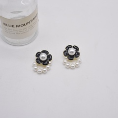 Korea black and white rose earrings French drip glaze flower retro earrings