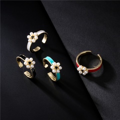 cross-border trends new product copper-plated 18K gold dripping oil zircon pearl flower open ring