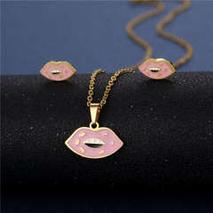 Cross-Border European and American New Geometric Dripping Lips Necklace and Earring Suit Stainless Steel Pink Lip Clavicle Chain South American Ornament