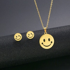 smiley face stainless steel necklace earrings set hip-hop double-sided expression pendant three-piece set