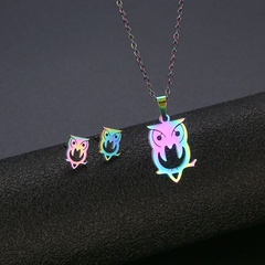 Colorful Stainless Steel Owl Necklace Earrings Set Laser Cut Glossy Color Necklace Set Chain