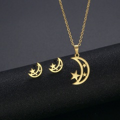 Star Moon Set Stainless Steel Hollow Star Moon Necklace Earrings Three-piece Clavicle Chain