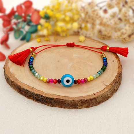 Simple bohemian ethnic style colored glaze blue eye beads rainbow crystal beaded tassel couple small bracelet's discount tags