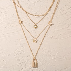 goldene Schmetterlings-Anhänger-Halskette, die mehrschichtige Schlüsselbeinkette Liebesschloss-Anhänger-Legierungshalskette stapelt