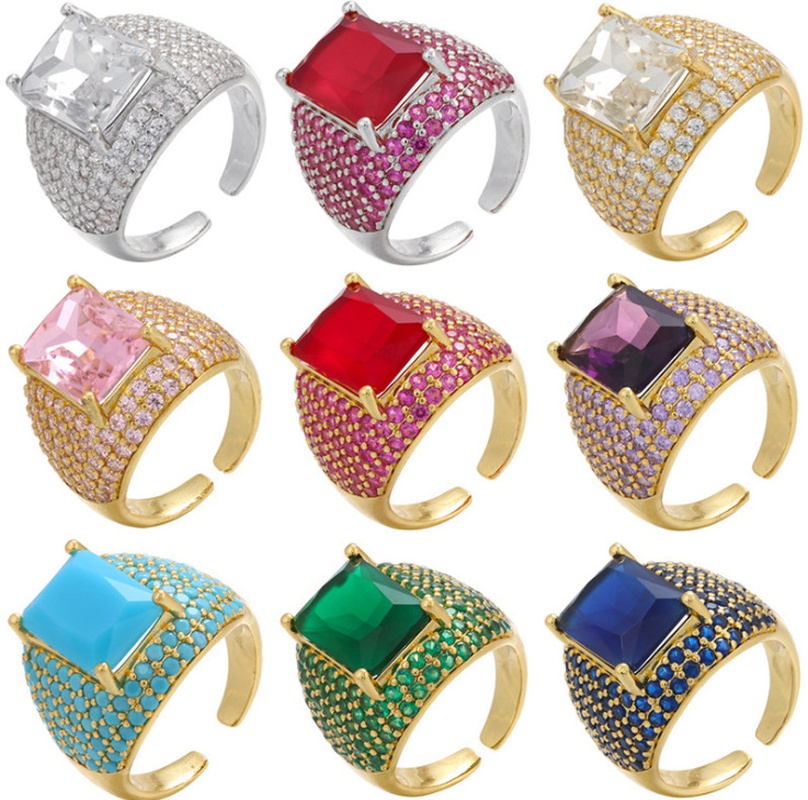 Foreign Trade Colorful Crystals MicroInlaid Square Zircon Ring Exaggerated Wide Square Diamond European and American Style Open Mens Ring in Stock