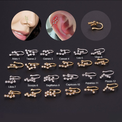 Single New copper inlaid zircon 12 constellation nose ring nose clip nose jewelry NHEN460128's discount tags