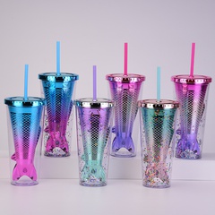 Doppelschicht-Kunststoff-Strohhalm-Tasse mit Farbverlauf Meerjungfrauenschwanz-Tasse Saft Fischschwanz-Pailletten-Wasser-Tasse