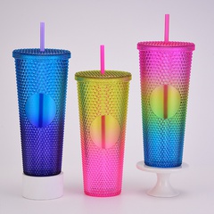 Taza de paja de plástico de doble capa taza creativa de color degradado de arco iris de gran capacidad de 710 ml