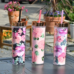 new double-layer plastic straw cup straight cup trend flower card water cup