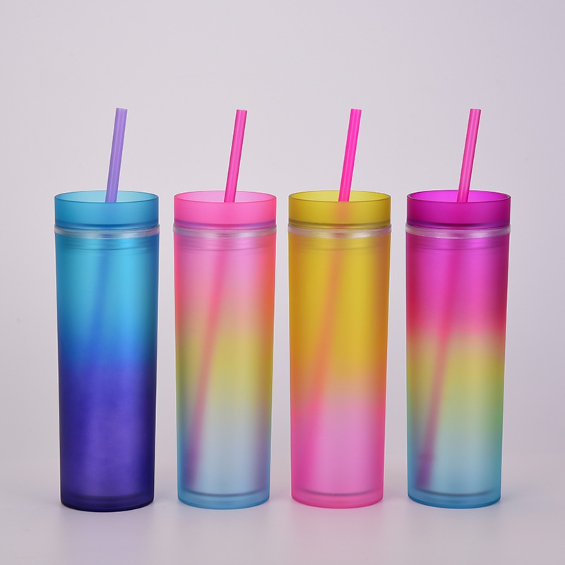 Nueva taza de agua de color arco iris degradado taza de paja de plstico doble recta