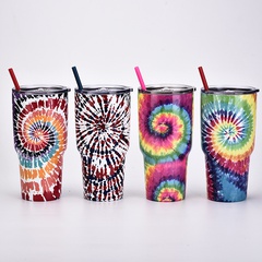 tie-dye cup large capacity stainless steel outdoor coffee cup creative straw water cup