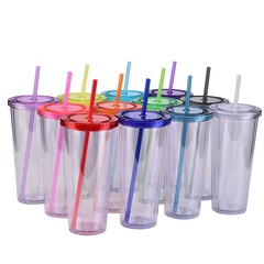 tasse de paille en plastique tasse de boisson froide transparente créative avec tasse d'eau de couleur de couvercle