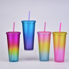 2022 neue Regenbogen farbe ins Wind Doppels chicht Kunststoff Stroh Tasse grenz überschreitende gefrostete Hand Tasse Outdoor Sport Wasser Tasse