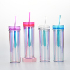 New Products in Stock Skinny Straight Body Double Plastic Straw Cup 450ml Adjustable Water Cup Magic Color Laser Drink Cup