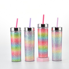 Taza de paja de plástico de doble capa de 16 oz, taza recta con brillo de gradiente de arco iris, taza de bebida fría universal