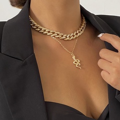 retro hip hop full diamond Cuban chain necklace simple rhinestone snake-shaped pendant necklace