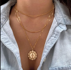 New Alloy Round Tag Pendant Multilayer Necklace Retro Seal Round Bead Clavicle Chain