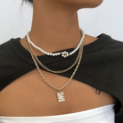 N9390 Cross-Border Metal Dignified Flowers Necklace Square Plate Pearl Niche Necklace Retro Angel Classic Style Necklace